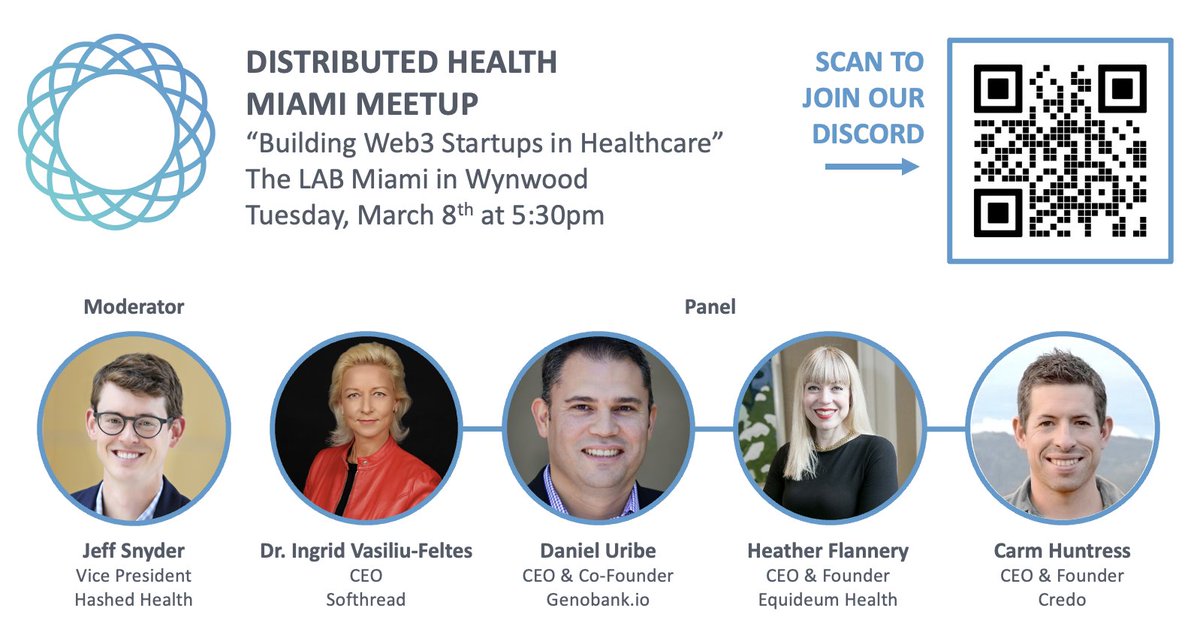 Hashed Health (@hashedhealth) on Twitter photo Join <a href="/DistributedH/">DistributedHealth</a> tonight in #Miami at <a href="/thelabmiami/">The LAB Miami</a> between #ViVE2022 events!
Come learn about #Web3 in #healthcare from early builders and leaders. Hosted by the amazing Distributed Health community builder @jeffsnyder_
Join us in person or listen in on Discord. Join <a href="/DistributedH/">DistributedHealth</a> tonight in #Miami at <a href="/thelabmiami/">The LAB Miami</a> between #ViVE2022 events!
Come learn about #Web3 in #healthcare from early builders and leaders. Hosted by the amazing Distributed Health community builder @jeffsnyder_
Join us in person or listen in on Discord.