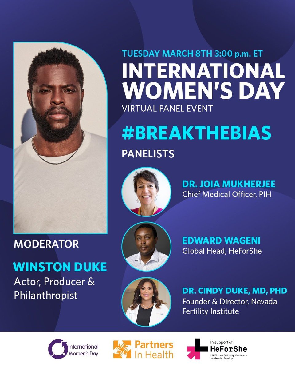 Dr. Cindy M Duke, MD, PhD, FACOG (@drcindymduke) on Twitter photo What are you doing TODAY at 12pm PST/3pm EST/ 4pm AST?
Come join us for this deeply introspective & forward looking conversation.
#breakthebias #partnersinhealth #internationalwomensday
Cc: <a href="/Winston_Duke/">Winston Duke</a> <a href="/PIH/">Partners In Health</a> <a href="/HeForShe/">HeForShe</a> <a href="/karenhunter/">Karen Hunter</a> <a href="/katiecouric/">Katie Couric</a> What are you doing TODAY at 12pm PST/3pm EST/ 4pm AST?
Come join us for this deeply introspective & forward looking conversation.
#breakthebias #partnersinhealth #internationalwomensday
Cc: <a href="/Winston_Duke/">Winston Duke</a> <a href="/PIH/">Partners In Health</a> <a href="/HeForShe/">HeForShe</a> <a href="/karenhunter/">Karen Hunter</a> <a href="/katiecouric/">Katie Couric</a>