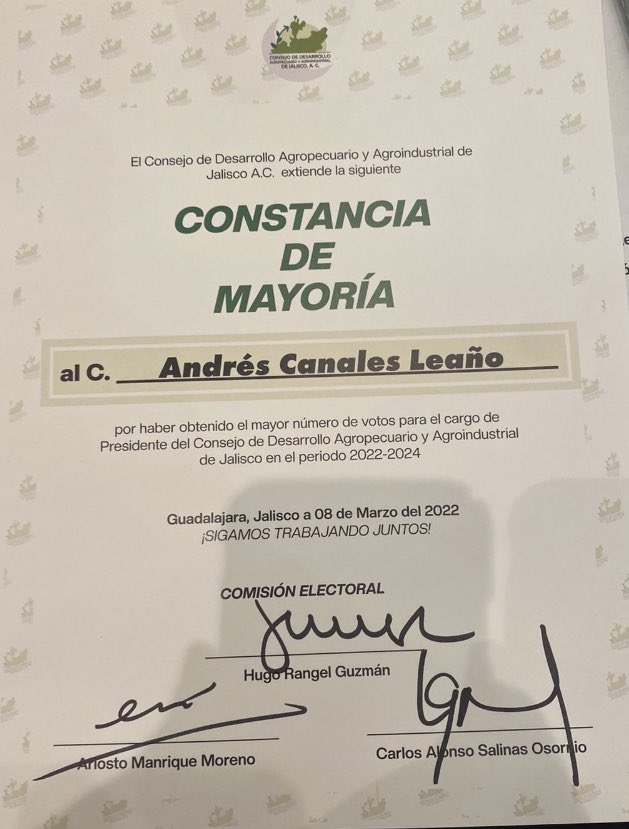 Hay nuevo dirigente del Consejo Agropecuario y Agroindustrial de Jalisco, se trata de Andrés Canales Leaño