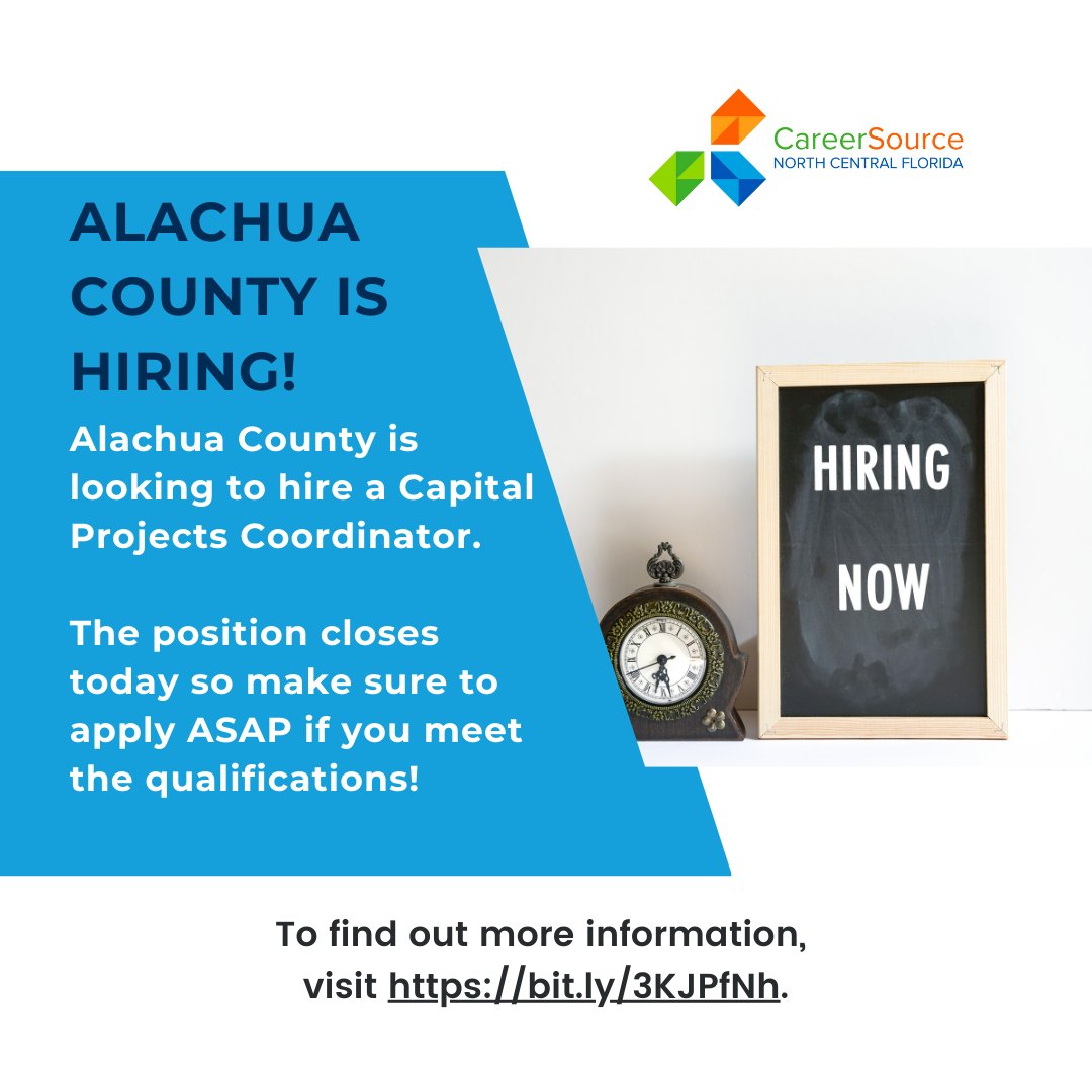Alachua County is looking to hire a Capital Projects Coordinator. The position closes today so make sure to apply ASAP if you meet the qualifications! 

To find out more information, visit bit.ly/3KJPfNh.