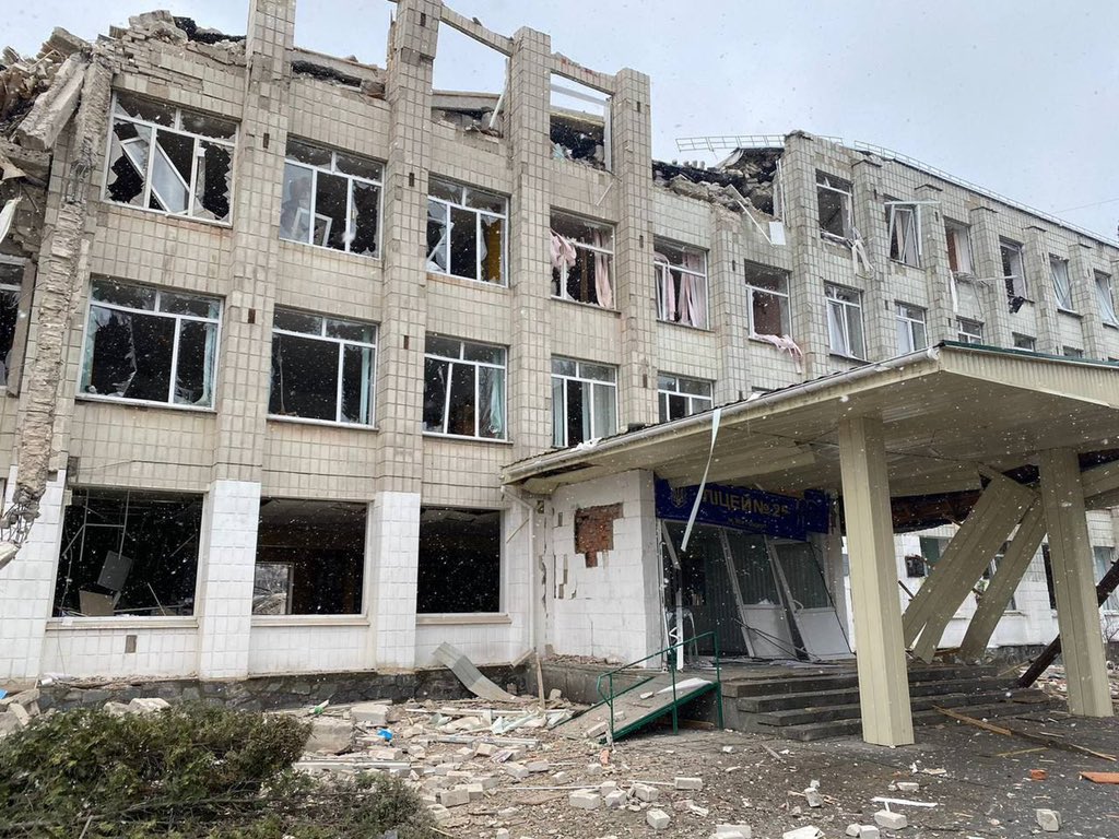 FedorovMykhailo's tweet photo. School no. 25 in Zhytomyr, Ukraine. The second semester should have started here by now with laughter of hundreds of children, bells for lessons and dreams for the future. Instead, only tears and blood. Military operation or fascism and genocide? https://t.co/n3qiaZAKfd