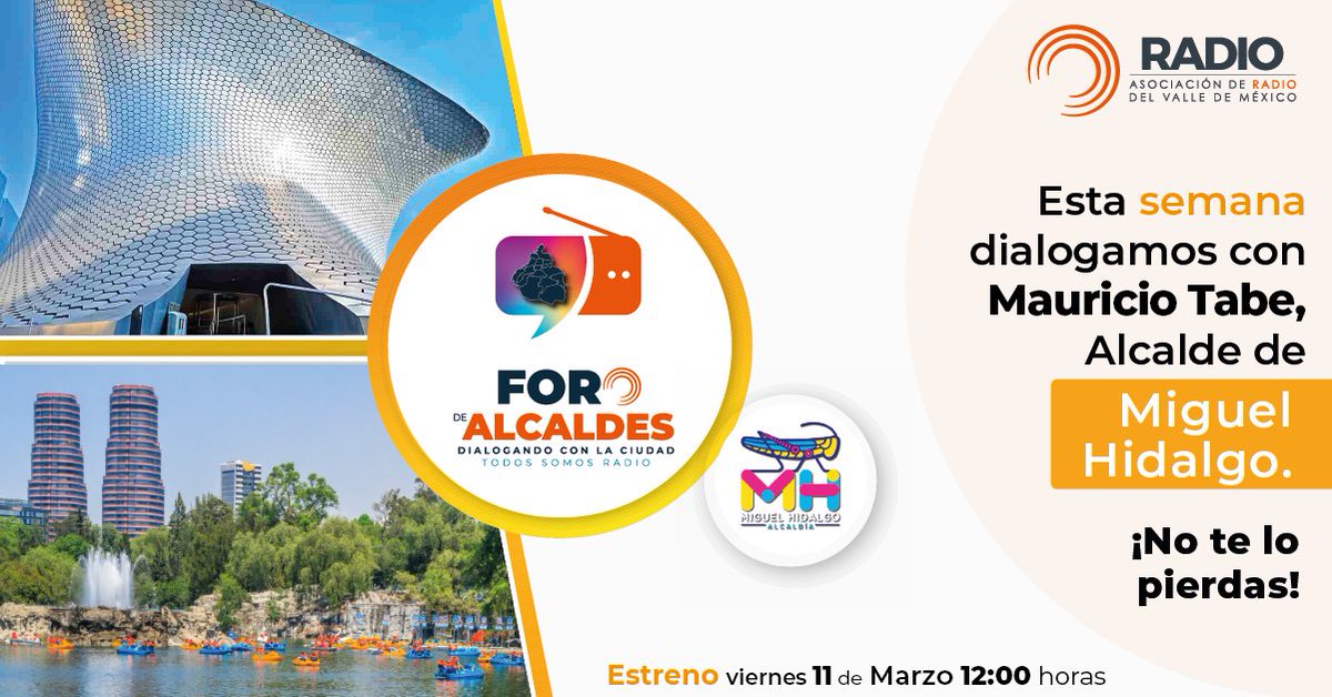 El 11 de marzo la <a href="/arvmradio/">ARVM</a> platica en el Foro de Alcaldes con Maurico Tabe <a href="/mauriciotabe/">Mauricio Tabe Echartea</a>, Alcalde de Miguel Hildalgo <a href="/AlcaldiaMHmx/">Alcaldía Miguel Hidalgo</a>.                                                    

#arvm 
#todossomosradio