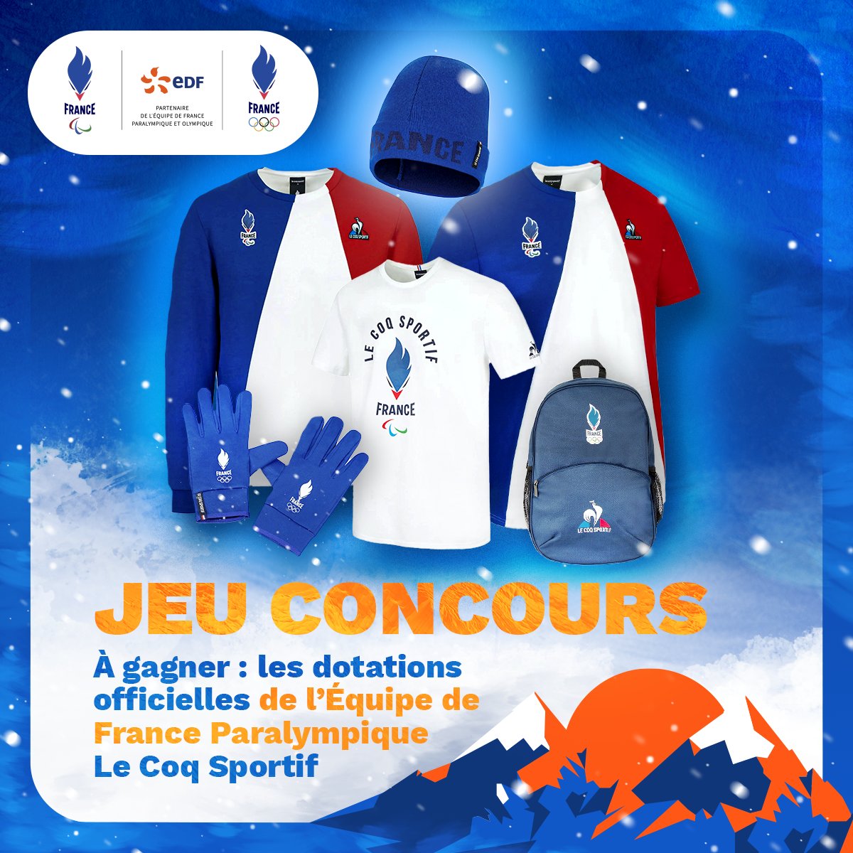 🎁 JEU CONCOURS 🎁
Pour soutenir nos Bleus à Pékin jusqu'à la fin, tentez de gagner 1 tenue officielle de l’Equipe de France Le Coq Sportif ☘️
Pour participer :
1️⃣ Suivez le compte @energiedusport 
2️⃣ RT ce tweet
Tirage au sort le 14 mars à 18h ! Bonne chance ⚡ #EnergieduSport
