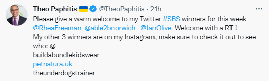 A big welcome to this week's #SBS Twitter winners joining us for their first #sbswinnershour
<a href="/RheaFreeman/">Rhea Freeman</a>
<a href="/able2bnorwich/">Able2B</a>
<a href="/JanOlive/">Jan Olive Creative Studio</a>