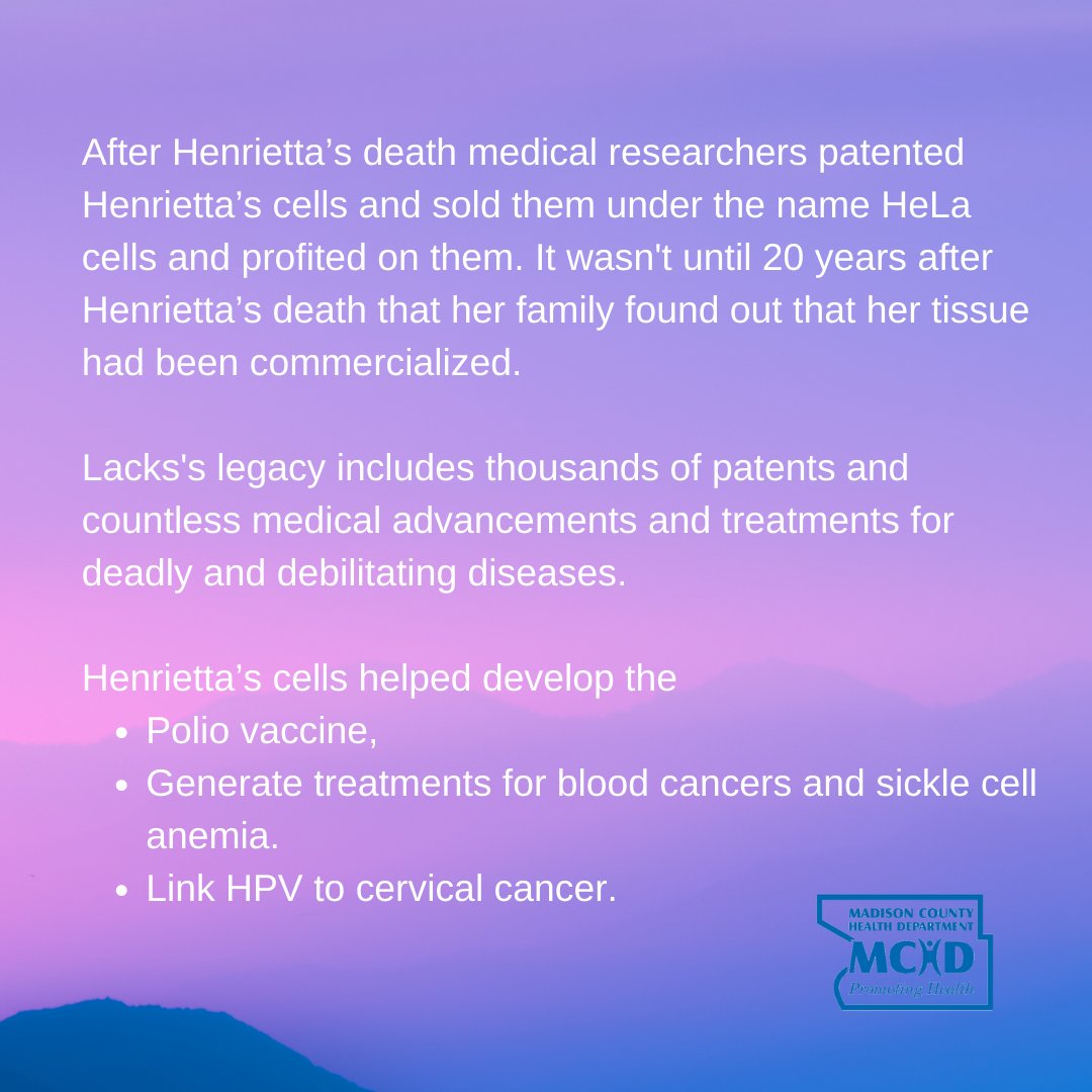 MadisonCHD's tweet image. This month, MCHD honors women in history whose legacy in health and science paved the way for the women of today on International Women's Day.

Henrietta Lacks didn't' live long enough to know the scope of her impact, but she revolutionized science with her cells.