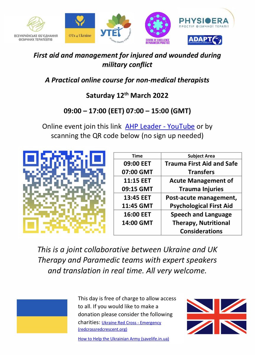 We are running a FREE trauma update study day for #Ukrainian therapists/non medical professionals on Sat 12th March 09:00-17:00 EET (07:00-15:00 GMT) live streamed on YouTube Translation in real time, expert speakers recorded in 1.5-2 hour segments. All welcome. Please share