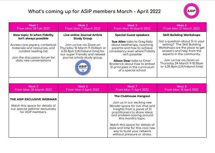 SINetwork's tweet photo. Look what’s coming up for ASIP Members!
If you haven’t joined our growing association of sensory integration practice yet we would love to welcome you aboard #SensoryIntegrationEducation #neverstoplearning #CPDMatters
https://t.co/iilWC7LxZA https://t.co/9GZjJUed3K