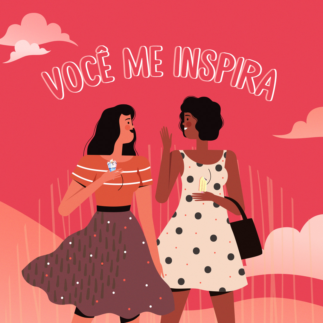 #PraTodosVerem: Vemos a ilustração de duas mulheres, ambas estão segurando sorvetes Kibon. Em texto na imagem: "Você me inspira".