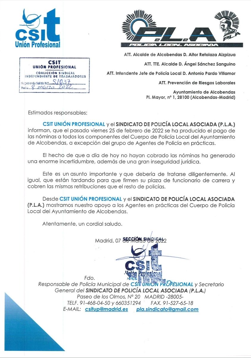 PLA_Alcobendas's tweet photo. Exigimos respeto para los nuevos compañeros que continúan sin firmar como funcionarios de carrera y no han abonado sus respectivas nóminas @AitorRetolaza @ALCBDS_Policia https://t.co/2UvqcwTRy1