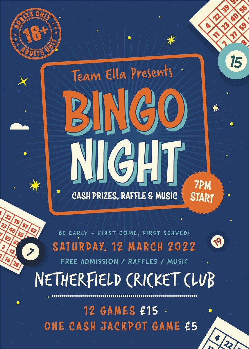 Don't forget - This Saturday night is our Team Ella BINGO night!!!! Get yourself down to <a href="/NetherfieldCC/">Netherfield Cricket Club</a> - Eyes down at 7ish - 🕕 Doors open at 6!!! 💷 CASH PRIZES - RAFFLE PRIZES - 🕺💃🎶🎧 BOOGIE TO DJ <a href="/DanGaunt3/">Dan Gaunt</a> - 🍻BARS OPEN!!  🧡 raising money for <a href="/MDUK_News/">Muscular Dystrophy UK</a> PLEASE RT