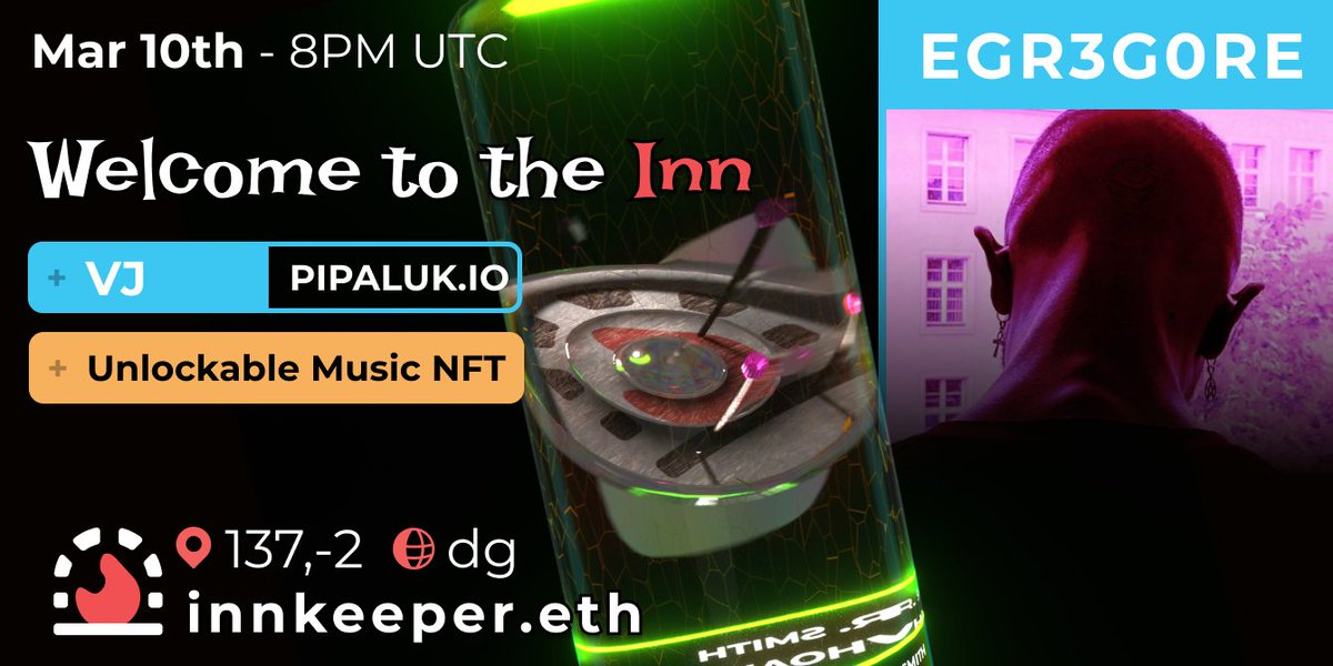 innkeeperdoteth's tweet photo. NEW EVENT! MAR 10 / 8PM UTC

@EgoreEgr &amp; @pipalukdotio produce an audiovisual breakbeat session 🥁 

During the event, tag @EgoreEgr @pipalukdotio and @innkeeperdoteth with a selfie + eth addy for the weekly melody!

https://t.co/53DfpsqzAv https://t.co/4comQDkgaj