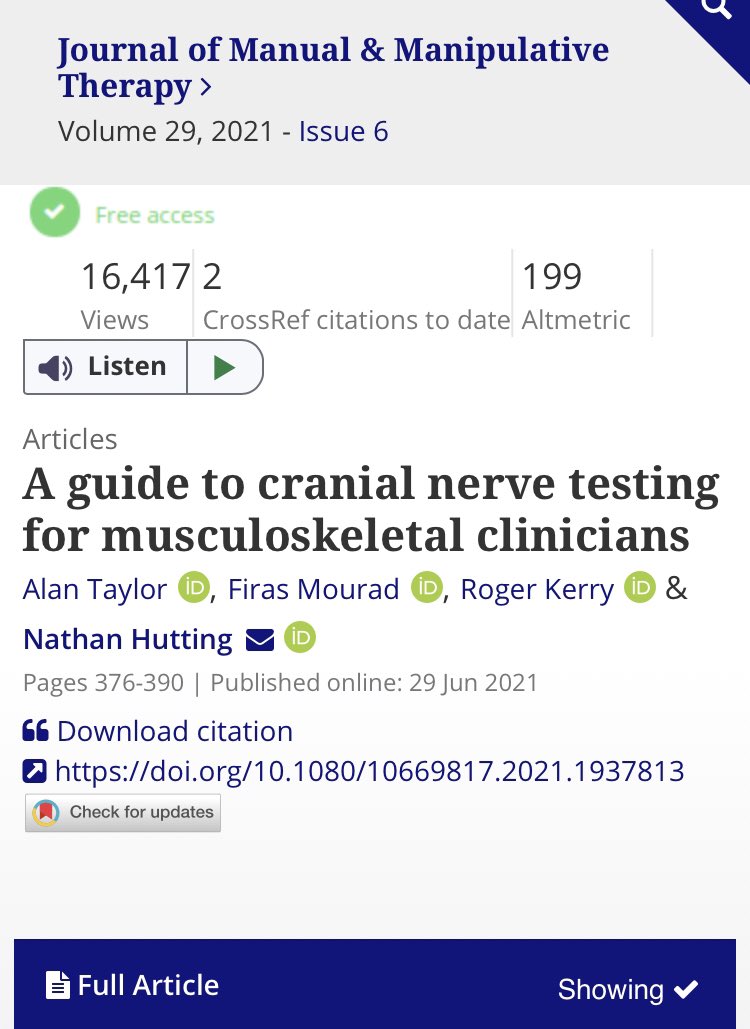 TaylorAlanJ's tweet photo. More good news 👀

‘A guide to cranial nerve testing for MSK clinicians’ is now THE most read paper @jmmtonline with over 16k views😲

The book chapter &amp; the journal article were written and designed for clinicians. 

We hope you find them helpful.
#Physiotherapy #PhysicalTherapy https://t.co/yq4TRrRv1t