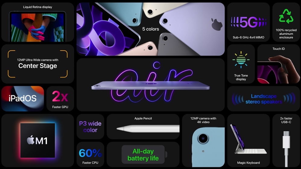 iStoreworld's tweet image. NEW iPad Air 
M1 chip (same as iPad Pro)
2x faster graphics performance
Liquid Retinal Display 
12MP ultra wide camera w/centre stage
5G 
UBS-C port 2x faster
5 colours
#AppleEvent #iPadAir