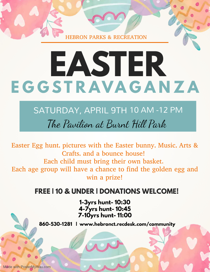 HebronCTRec's tweet image. Easter Eggstravaganza is back! Join us April 9th, 10-12 at Burnt Hill Park! 🐰