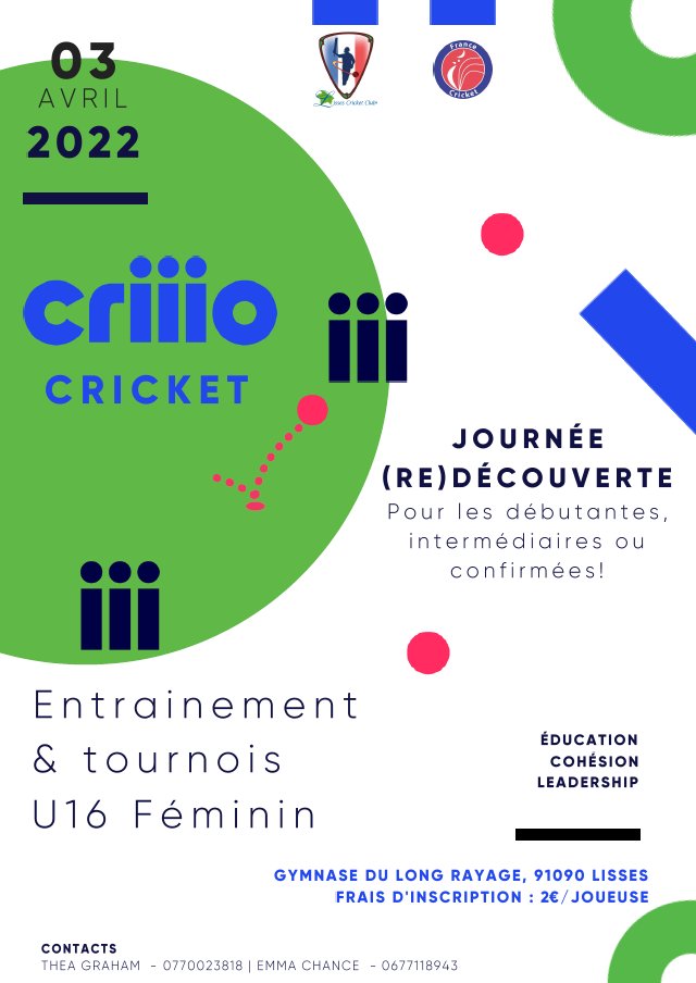 LissesCricket's tweet photo. Premier tournoi CRIIIO Cricket dédié aux joueuses féminines de moins de 16 ans
Quand : Le 3 avril 2022
Où : Gymnase du Long Rayage à Lisses (91)
Nous espérons vous accueillir nombreux ! 

@LissesCricket91 @LissesCricket @icc_europe @grandparissud  @CDEssonne @EspritduCricket https://t.co/2qLLG23449
