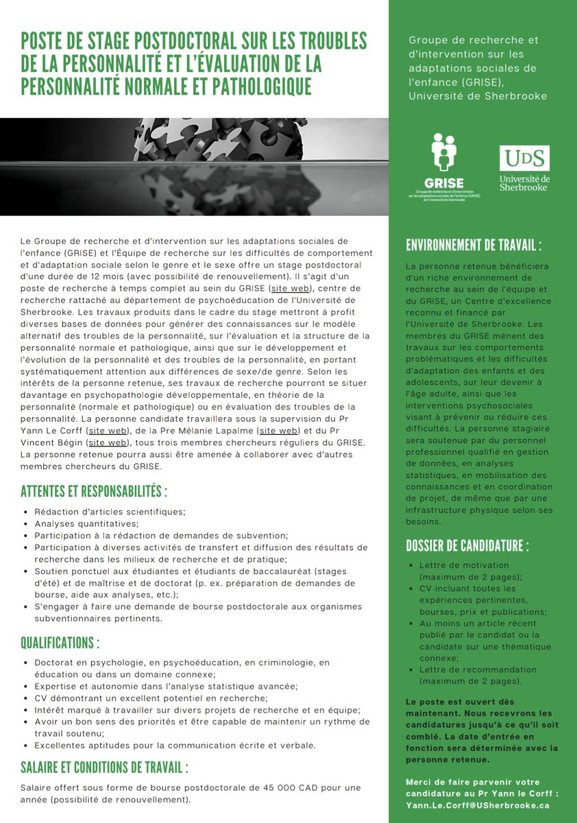 Offre de stage postdoctoral pour venir travailler avec mes collègues et moi sur le développement et l'évaluation des troubles de la personnalité <a href="/USherbrooke/">Université de Sherbrooke</a> #postdoc