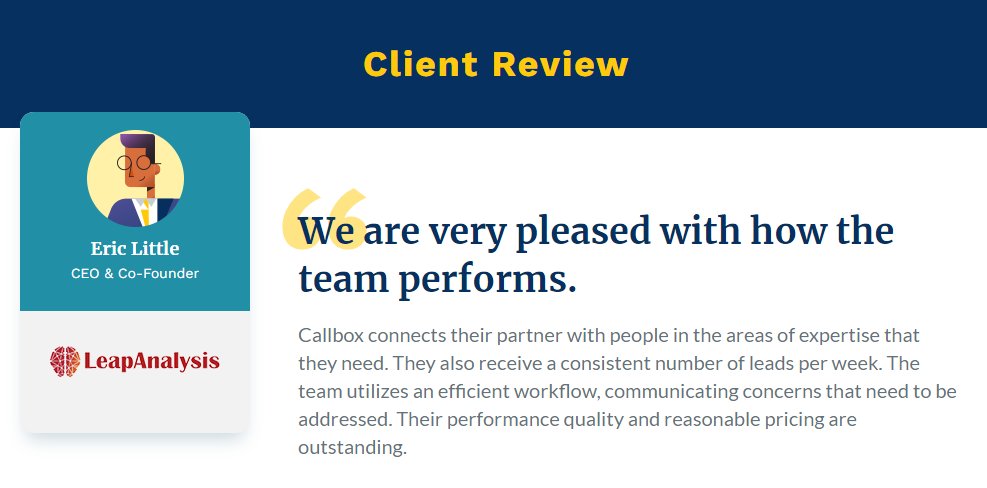 becca_matias's tweet image. Callbox entered a partnership with an AI software development company to provide them with customer outreach and lead generation services. 
And here's what our client says about our campaign: bit.ly/3oYBWjc
 
#softwaresalesleads #appointmentsettingforsoftwarecompanies