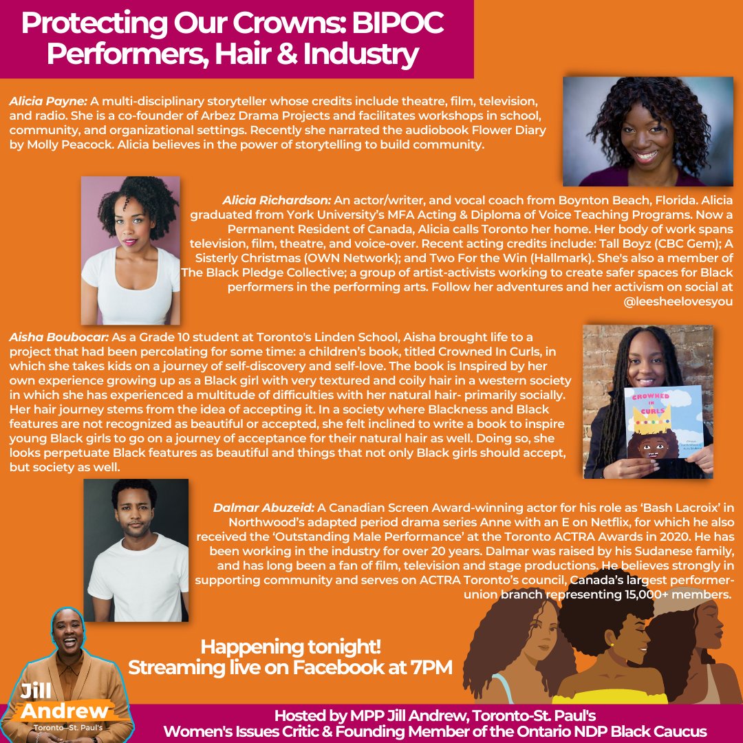 JILLSLASTWORD's tweet photo. Happening TONIGHT at 7PM.

I'm celebrating #IWD2022 with these iconic performers &amp; storytellers to talk the NEED for a culturally responsive curriculum in Ontario hairstyling for Black &amp; textured hair. It's 2022 &amp; LONG time for this in our prov!

RSVP 👇🏾:
https://t.co/AkEjHNiXoF https://t.co/1odZAmbYSF