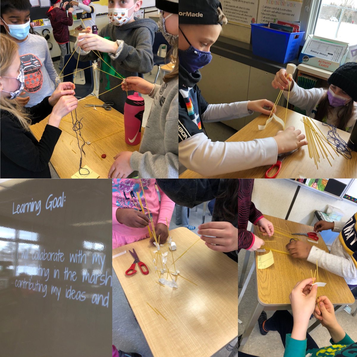 Grade 4’s are thinking about design as they collaborate to make the tallest, strongest spaghetti structure. @boyne_river #STEAM #marshmallowchallenge