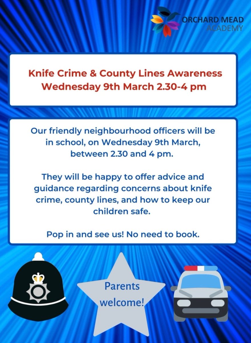 We are delighted to host colleagues from @LPEastLeics tomorrow during County Lines Week. Parents and carers please pop in and ask those all important questions that you might have about keeping our children safe. 2.30-4pm 9th March. No appointment needed