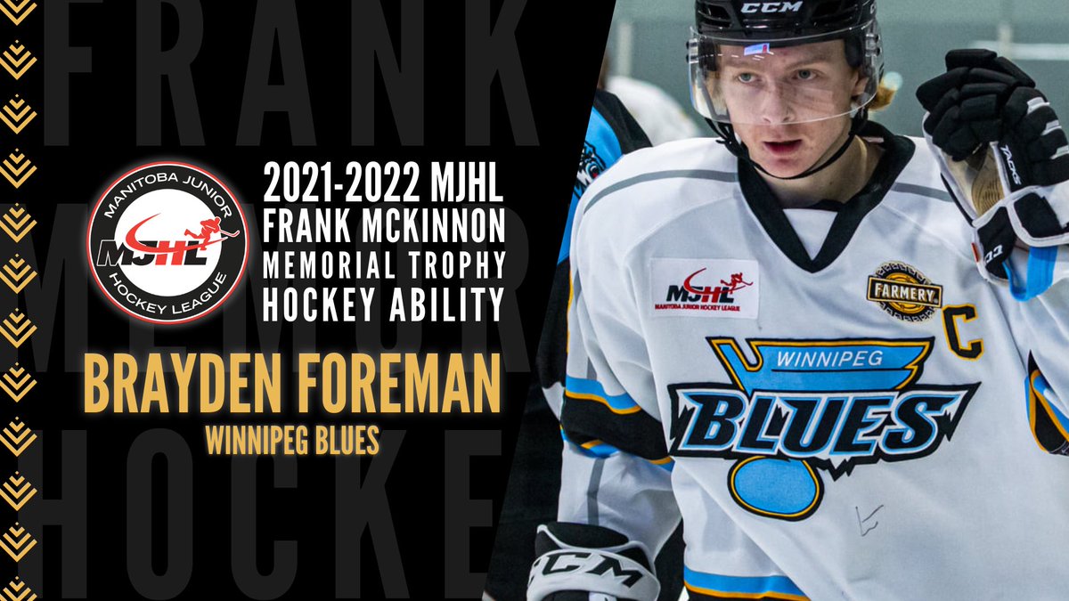 🏆 MJHL Awards | The 2021-22 MJHL Frank McKinnon Memorial Trophy goes to <a href="/BluesWpg/">Winnipeg Blues</a> Captain, Brayden Foreman.

This award is presented to a player who has demonstrated outstanding Hockey Ability &amp; Sportsmanship. 

#MJHLHockey 📸 <a href="/ZacharyJ_Peters/">Zachary Peters</a>