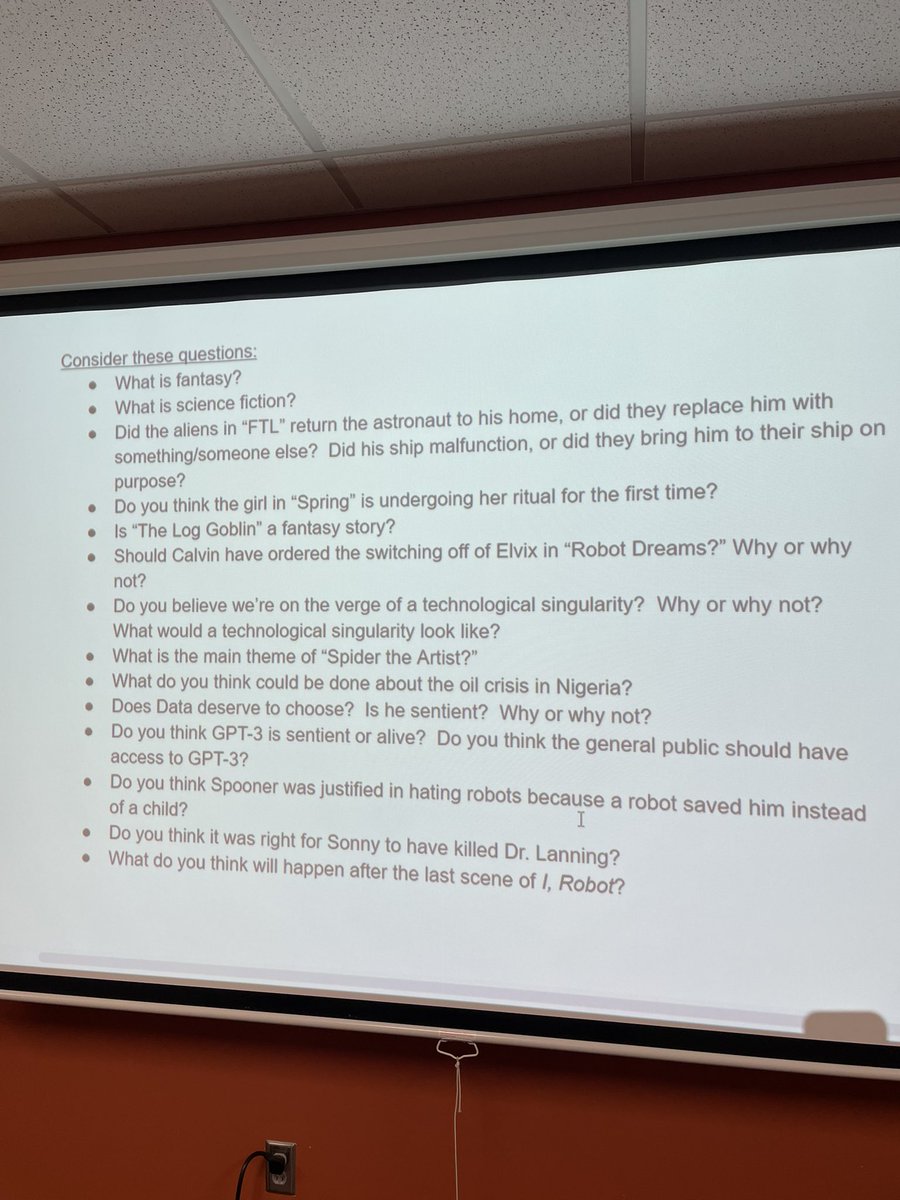 VHSTL's tweet photo. WHAT’S GREAT TODAY?
@RobSchebel’s Seminar Discussion in Science Fiction and Fantasy, rich in @AIW_Institute SUBSTANTIVE CONVERSATION!

• student-generated questions &amp; thoughts

• comments built from &amp; connected to others

• improved collective understanding

@WDMCS https://t.co/6hpABAurc9