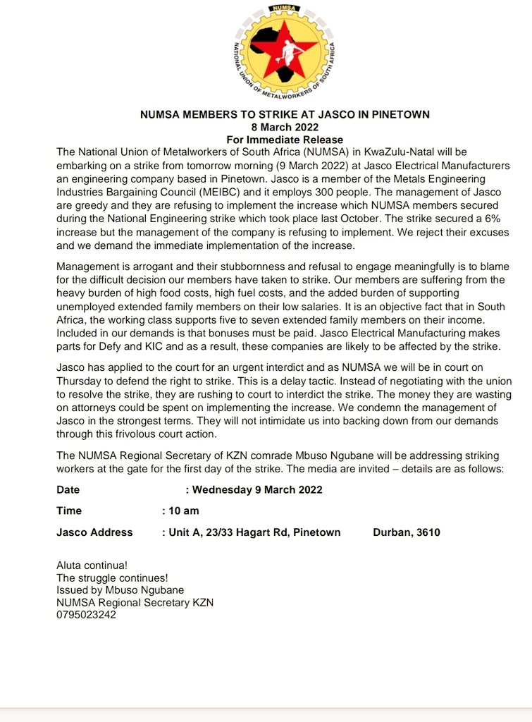 Numsa_Media's tweet image. NUMSA members to embark on a strike at Jasco an Engineering company in Pinetown in KZN TOMORROW. Jasco refuses to implement the 6% wage increase which we secured last year during the #EngineeringStrike
Details below 👇🏾👇🏾
.@IrvinJimSA 
#ForTheLoveofTheWorkingClass
