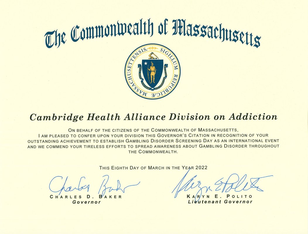 Div_Addiction's tweet photo. 📜 @MassGovernor Charlie Baker issued a citation recognizing the Division on Addiction at @challiance’s achievement to establish Gambling Disorder Screening Day and continued efforts to raise awareness about Gambling Disorder throughout the Commonwealth! #PGAM2022 #GDSD https://t.co/lZ4QtYFUGV