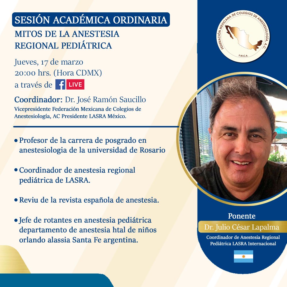 La siguiente semana tendremos la compañía desde Argentina del Dr. Julio Lapalma y nos platicará sobre "Mitos de la anestesia regional pediátrica." 
▪️ Conoce más de nuestro ponente, aquí te dejamos parte de su trabajo.