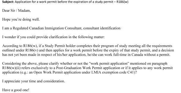 smeurrens's tweet photo. IRCC REP-2019-2540

Is IRPR 186(w), which lets eligible international graduates work without a work permit while waiting for IRCC to process their work permit applications, limited to post-graduate work permit applications? 

Answer - No. https://t.co/6mYrYa8IEI