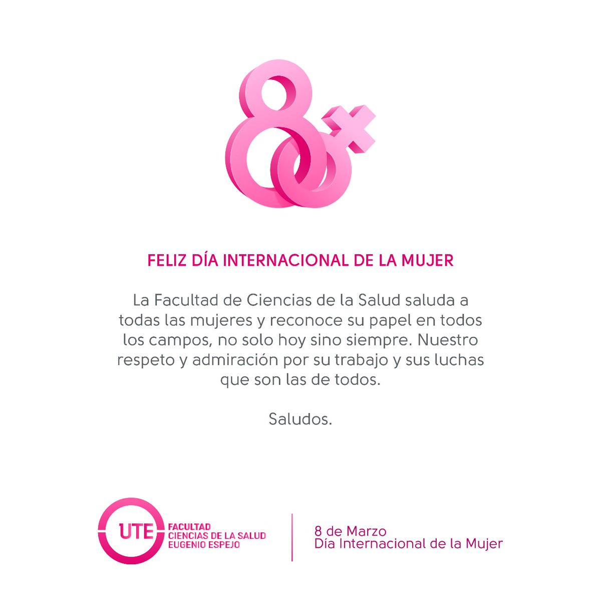 UTEoficial's tweet photo. #DiaInternacionalDeLaMujer | #UTEmujer
🟢 Nuestra 𝐅𝐚𝐜𝐮𝐥𝐭𝐚𝐝 𝐝𝐞 𝐂𝐢𝐞𝐧𝐜𝐢𝐚𝐬 𝐝𝐞 𝐥𝐚 𝐒𝐚𝐥𝐮𝐝 𝐄𝐮𝐠𝐞𝐧𝐢𝐨 𝐄𝐬𝐩𝐞𝐣𝐨, @UTEsalud, se hace presente en esta fecha y expresa su saludo a todas nuestras estudiantes y profesionales de la @UTEoficial. https://t.co/WTsrv2f2qW