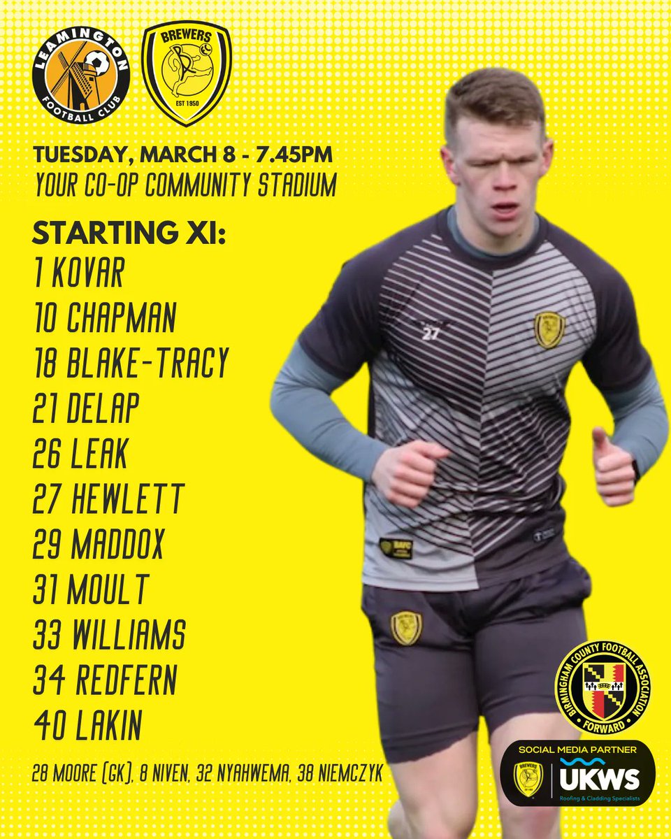 🚨 TEAM NEWS - v <a href="/LeamingtonFC/">Leamington FC ⚽️</a>

The #Brewers name first-teamers and <a href="/BAFCAcademy/">Burton Albion FC Academy</a> scholars in the starting XI for tonight's <a href="/BirminghamFA/">Birmingham County FA</a> Senior Cup semi-final - with a welcome return in an Albion shirt for striker Tom Hewlett!

#BAFC #MoreThanACup