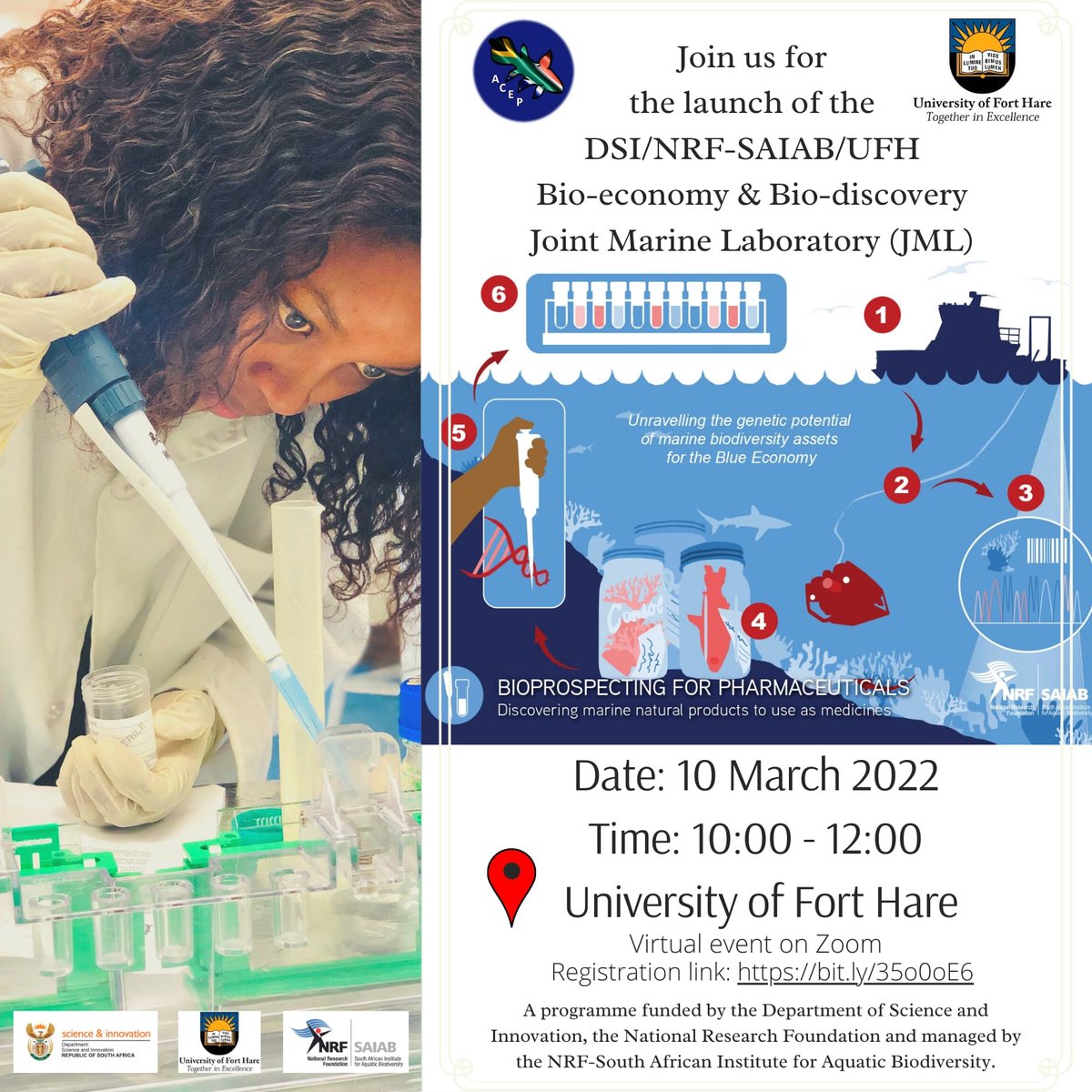 SAIAB (@nrf_saiab) on Twitter photo Join us this coming Thursday, 10 March at 10:00 for the launch of the DSI/NRF-SAIAB/ UFH Bio-economy & Bio-discovery Joint Marine Laboratory (JML).
Register to watch the live stream on Zoom: zoom.us/meeting/regist…
@dsigovza <a href="/ufh1916/">University of Fort Hare</a> <a href="/nrf_news/">National Research Foundation of South Africa</a> <a href="/acep_za/">ACEP</a> <a href="/SAIABlibrary/">SAIAB Library</a> Join us this coming Thursday, 10 March at 10:00 for the launch of the DSI/NRF-SAIAB/ UFH Bio-economy & Bio-discovery Joint Marine Laboratory (JML).
Register to watch the live stream on Zoom: zoom.us/meeting/regist…
@dsigovza <a href="/ufh1916/">University of Fort Hare</a> <a href="/nrf_news/">National Research Foundation of South Africa</a> <a href="/acep_za/">ACEP</a> <a href="/SAIABlibrary/">SAIAB Library</a>