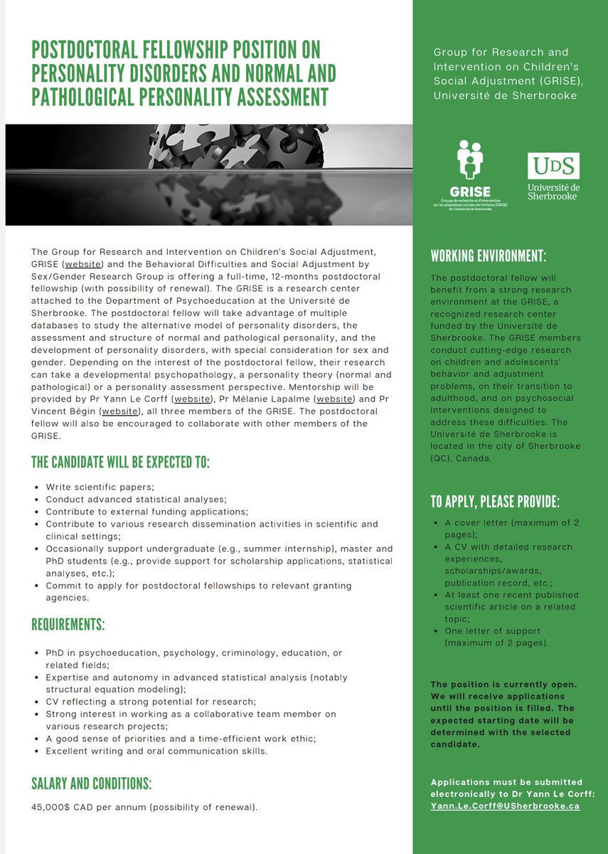 #postdocposition open at
<a href="/usherbrooke/">Université de Sherbrooke</a> Come work with my colleagues and me on the development and assessment of #personalitydisorders

 #postdoc #postdocjobs #AcademicTwitter #AcademicChatter #phdchat #phdlife #personality