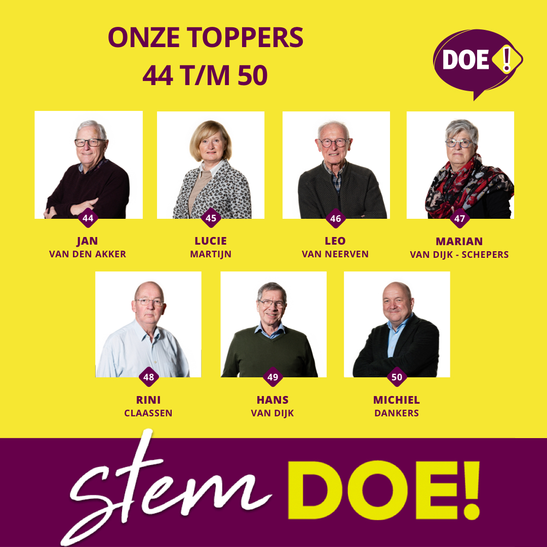 🟣🟡 Onze toppers 44 t/m 50 gaan voor DOE! 🟡🟣
De campagne voor de gemeenteraadsverkiezingen is  in volle gang. We stellen onze kandidaten graag aan je voor ➡️ bit.ly/3rsY4nx
 #DOEMEE #Gemeenteraadsverkiezingen #GemeenteDeurne #kandidaten