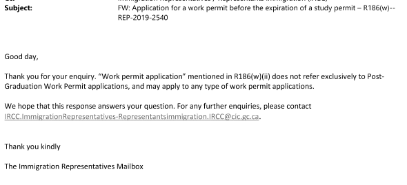 smeurrens's tweet photo. IRCC REP-2019-2540

Is IRPR 186(w), which lets eligible international graduates work without a work permit while waiting for IRCC to process their work permit applications, limited to post-graduate work permit applications? 

Answer - No. https://t.co/6mYrYa8IEI