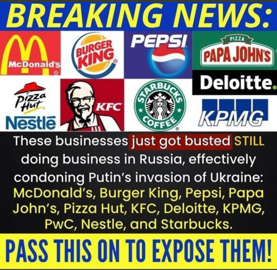 JeepJarod's tweet photo. I've used KPMG for 10+ years as my accounting firm. No more.

Yum! Brands (Pizza Hut, KFC, Taco Bell) has ceased Russian operations.
But, many companies are still operating in Russia. Make them feel it here.
#BoycottMcDonalds #BoycottCocaCola #BoycottStarbucks #BoycottPepsi https://t.co/NFnlojyUlT
