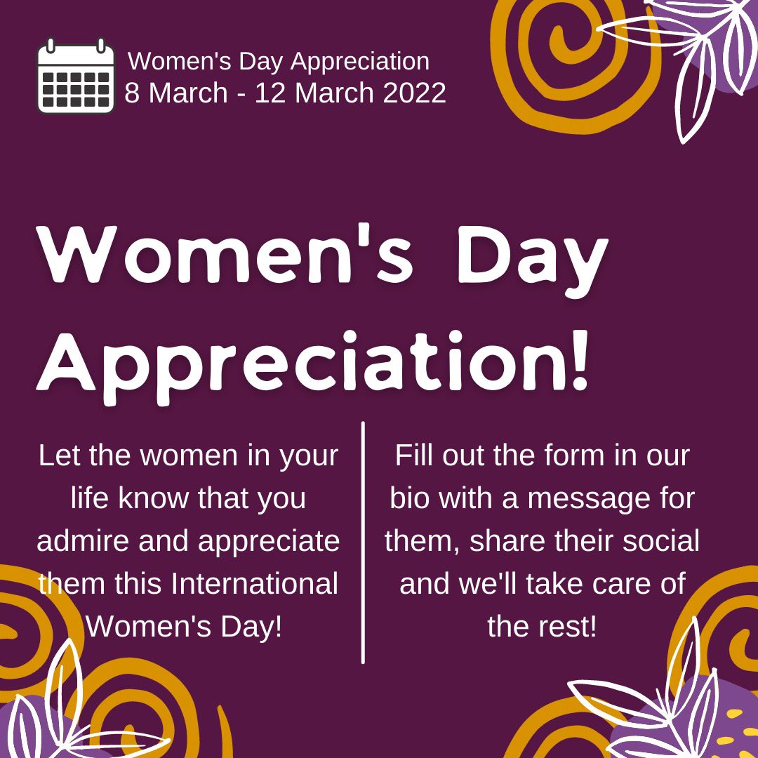 This International Women's Day, let the women in your life know that you admire and appreciate them by sending them a message!

Fill out the form below to participate. Let's share the love! 🌿
 👉 forms.gle/jCcKHcc5PSsjYi…