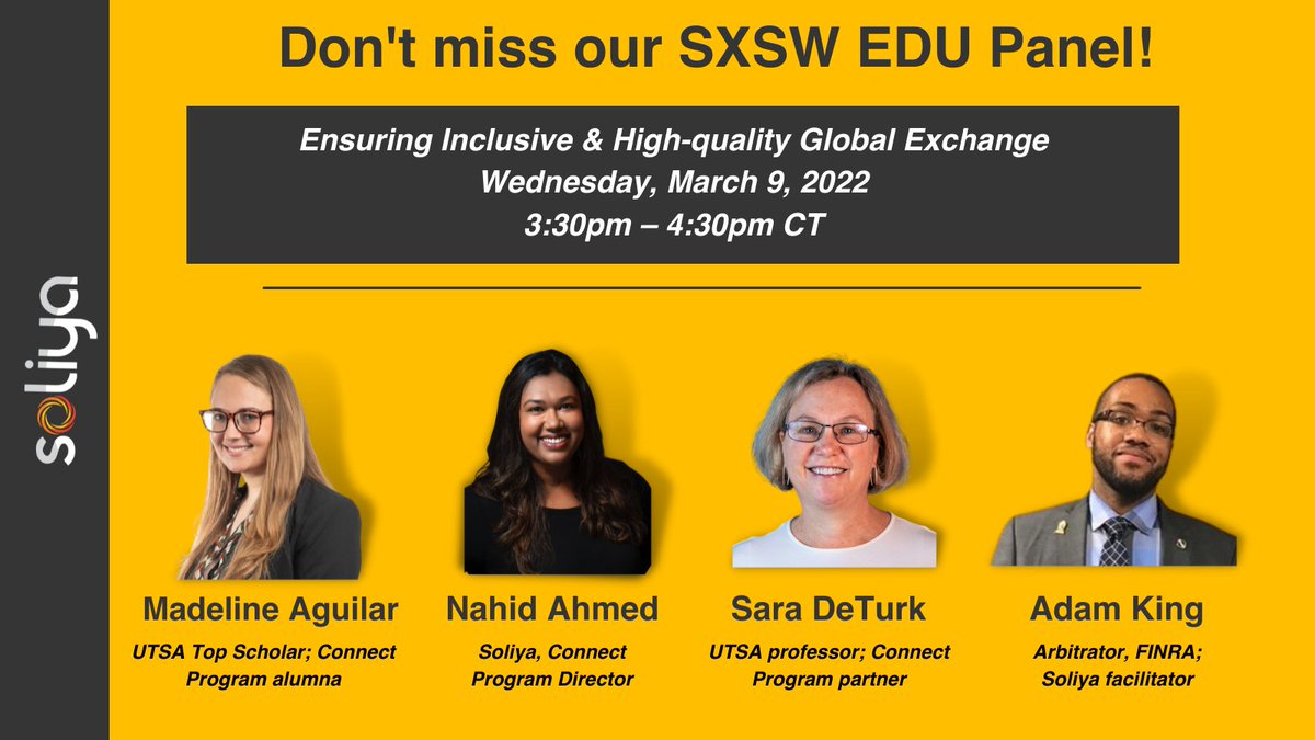 Soliya's tweet photo. Join us tomorrow, March 9, at #SXSWEDU - #IRL or online! Connect Program Director @nahid_ahmed will lead a discussion on #VirtualExchange w/ @UTSA student Madeline Aguilar and Professor Sara DeTurk, and facilitator Adam King. Register now! ▶️ https://t.co/KKGFxMFbup #SocialChange https://t.co/6eEmQM9xDr