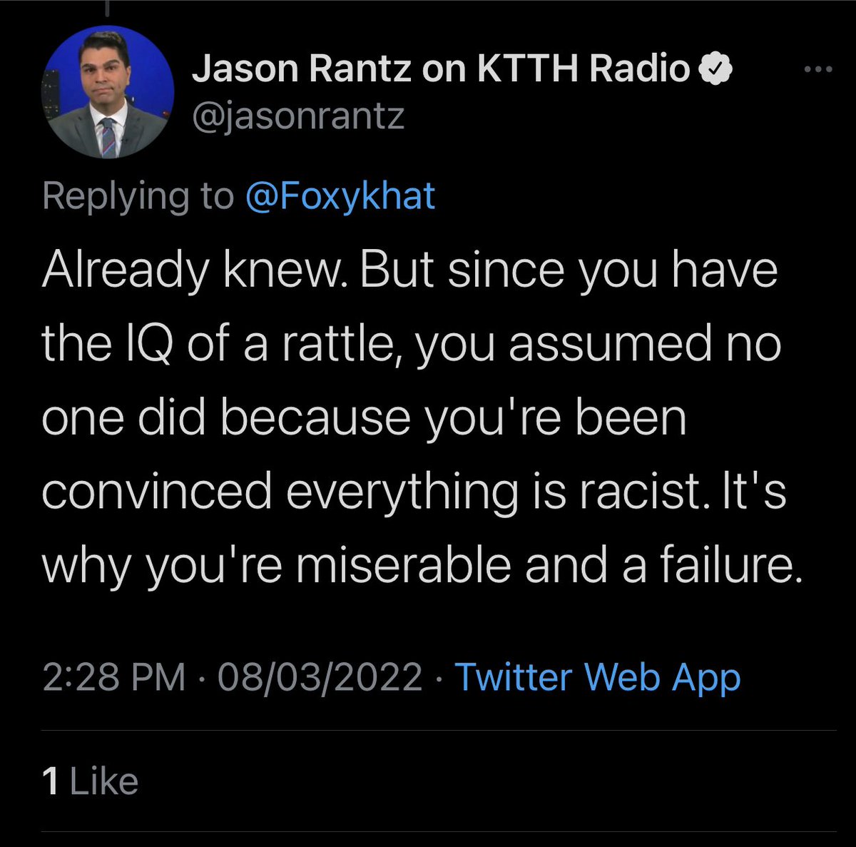 Foxykhat's tweet photo. #JasonRantz is hugely offended because Serena called out the NYT for their nonsense. Claimed she was reaching re: racism. YET couldn’t contain his deeply seated racism to attack, and belittle in his response here. One must be miserable and a failure because of course #BLACK https://t.co/0C11AFxrKc