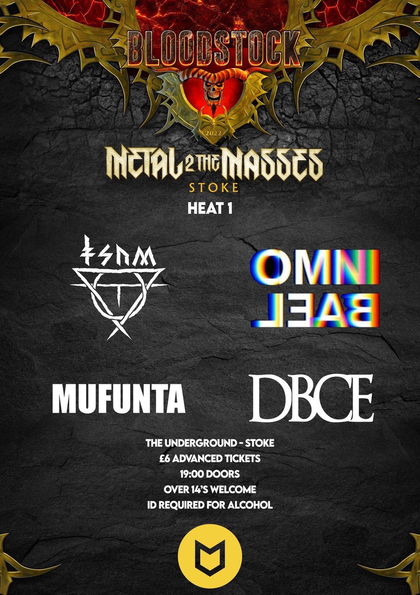 TheUndergroundStoke (@undergroundsot) on Twitter photo This Friday!
Kicking off the run of Metal 2 The Masses shows!
<a href="/ThisSunNoMore/">This Sun No More</a>
Mufunta
Omnibeal
DBCE
Come down and support the bands!
<a href="/BLOODSTOCKFEST/">bloodstockfest</a>
19:00 doors! This Friday!
Kicking off the run of Metal 2 The Masses shows!
<a href="/ThisSunNoMore/">This Sun No More</a>
Mufunta
Omnibeal
DBCE
Come down and support the bands!
<a href="/BLOODSTOCKFEST/">bloodstockfest</a>
19:00 doors!