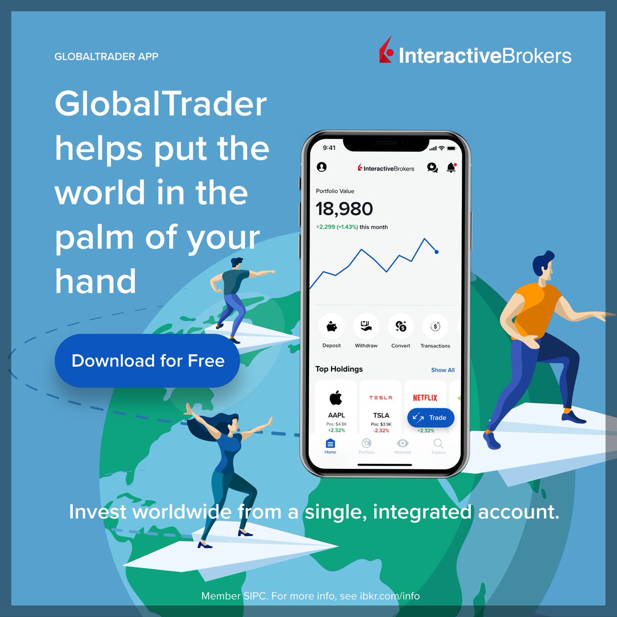 IBKR's tweet image. 🌎🌍🌏 GlobalTrader is the latest #investingapp designed by #InteractiveBrokers, for you. You can now make deposits in 23 different currencies to trade stocks on over 80+ stock markets around the world. 

Download for free and start investing today 📲 &amp;gt;&amp;gt;&amp;gt; ibtweet.com/globaltt