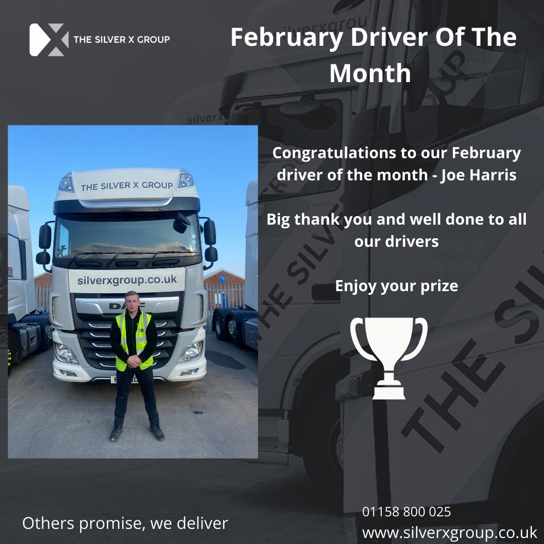 TheSilverXGroup's tweet photo. Congratulations to Joe Harris For Driver of The Month in February.
Thank you for all you hard work.
#silverxgroup #logistics #driverofthemonth #drivercompetition https://t.co/CMXggqY5qZ