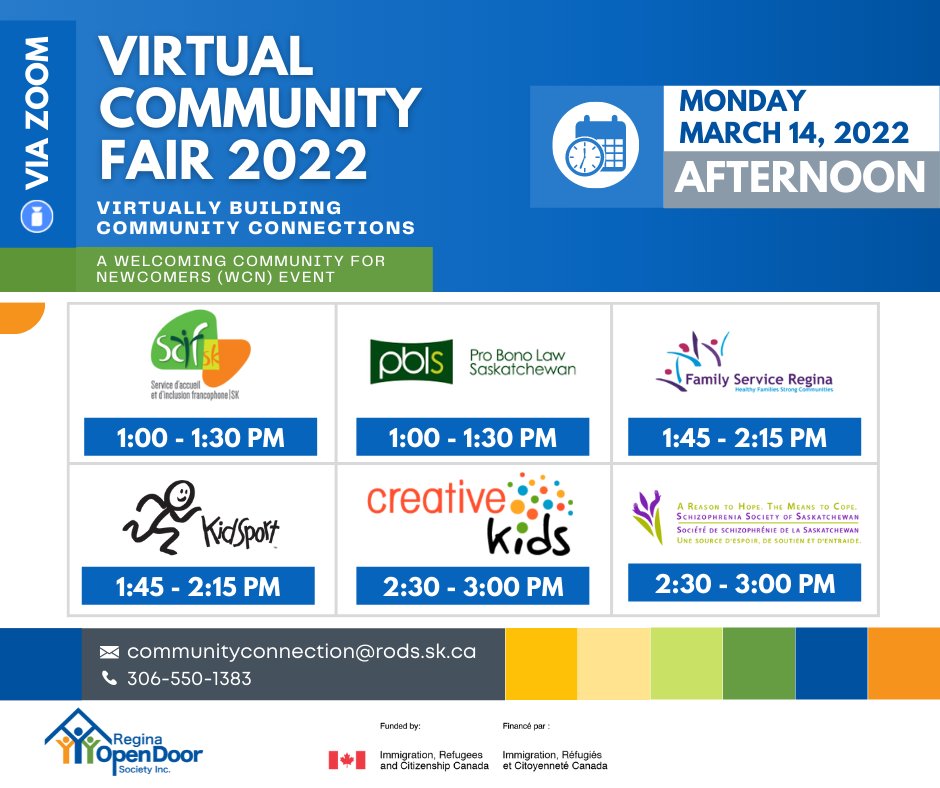 ReginaOpenDoor's tweet photo. Our Virtual community fair is next week! 

Here is the Monday afternoon lineup: SAIF-SK (Francophone Welcome and Inclusion Service of Saskatchewan), @pblsask, @fam_service, @KidSport Creative  Kids Saskatchewan and @SZSask 

Learn more and register: https://t.co/Kz2G9zxH1n https://t.co/yvoJoAiAcY
