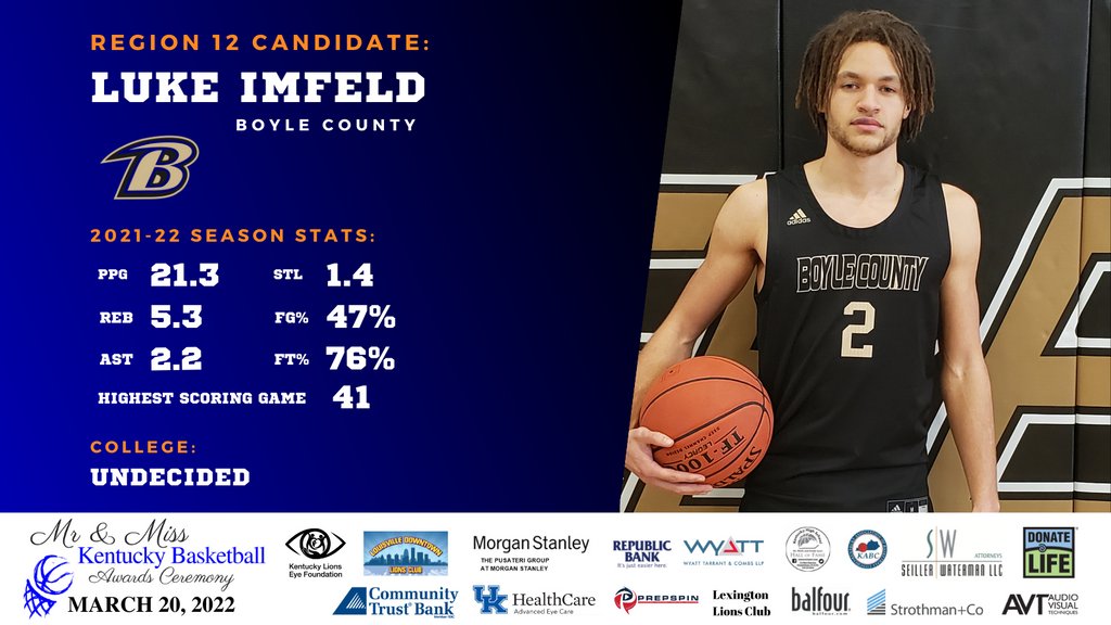 Mr_MissKYBball's tweet photo. Today we are 12 days away from the 2022 Mr. and Miss KY Basketball Awards Ceremony on March 20th!   Congratulations to our Region 12 Mr. KY Basketball Candidate - Luke Imfeld!  

Follow along as we recognize our candidates daily at 10 AM and 2 PM(ET)! https://t.co/6PnPH25bMb