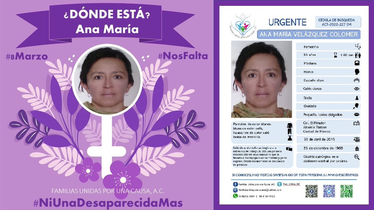#8M #8Marzo2022 #Hastaencontrarlas #NiUnaDesaparecidaMas #SiNosFaltaUna #NosFaltaTodas 
#TeBuscamos #AnaMaríaVelázquezColomer <a href="/prinsskarlita/">mariana patiño</a> <a href="/Missing_Marijo/">Maria Jose Monroy Enciso</a> <a href="/AmberAlertaNoOf/">XxX porn hub 👺</a> <a href="/AngelaCedeno_PI/">Missing Angels Org</a> <a href="/AyudaSinDudar2/">AyudaSinDudarOficial</a> <a href="/harryportero/">L GALLO DE MICHOACAN</a> <a href="/AleksMerher/">Aleksmerher</a> <a href="/ehiramhurtado/">Hiram Hurtado</a> <a href="/botDesaparecidx/">BotDesaparecidx</a> <a href="/YuririaSierra/">Yuriria Sierra</a>