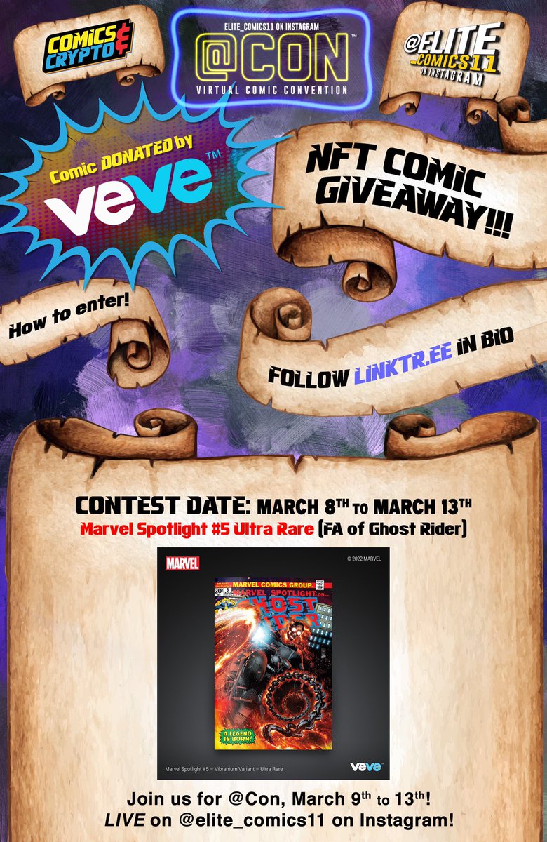 In celebration of <a href="/elite_comics11/">Elite_Comics11 ⭕️</a>’s virtual comic con, <a href="/veve_official/">VeVe | Digital Collectibles</a> has donated this incredible NFT comic (Marvel Spotlight #5 UR) for a giveaway! The contest begins 3/8 and ends 3/13. Make sure to follow the link to sign up! linktr.ee/comicsandcrypto