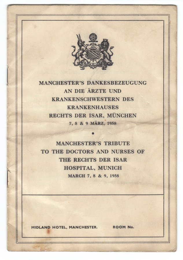 31 Doctors and Nurses from Munich came over to England one month after the crash. They came to Old Trafford on 8 March 1958 and saw United play WBA. This 12 page itinerary was given to them. In English and German throughout. #MUFC #ManUtd #ManchesterUnited