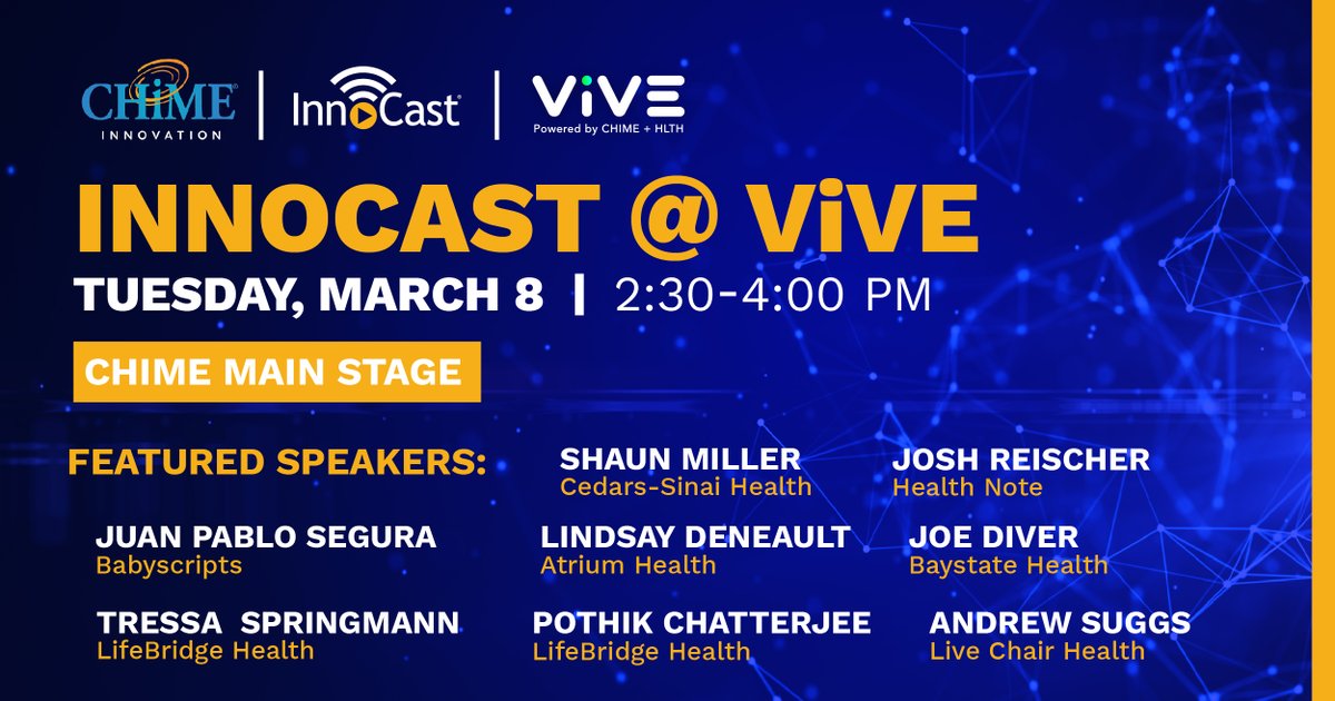 InnoCast @ #ViVE2022 starts at 2:30-4pm ET. Open to all ViVE attendees! CHIME Members &amp; startup execs present how they approached tough problems in healthcare. Presentations by: <a href="/LBHealth/">LifeBridge Health</a>/<a href="/LiveChairInc/">Live Chair Health</a>, <a href="/CedarsSinai/">Cedars-Sinai</a>/<a href="/Health_note/">Lte 1</a>/<a href="/Baystate_Health/">Baystate Health</a>, <a href="/AtriumHealth/">Atrium Health</a>/<a href="/Babyscripts/">Babyscripts</a>.