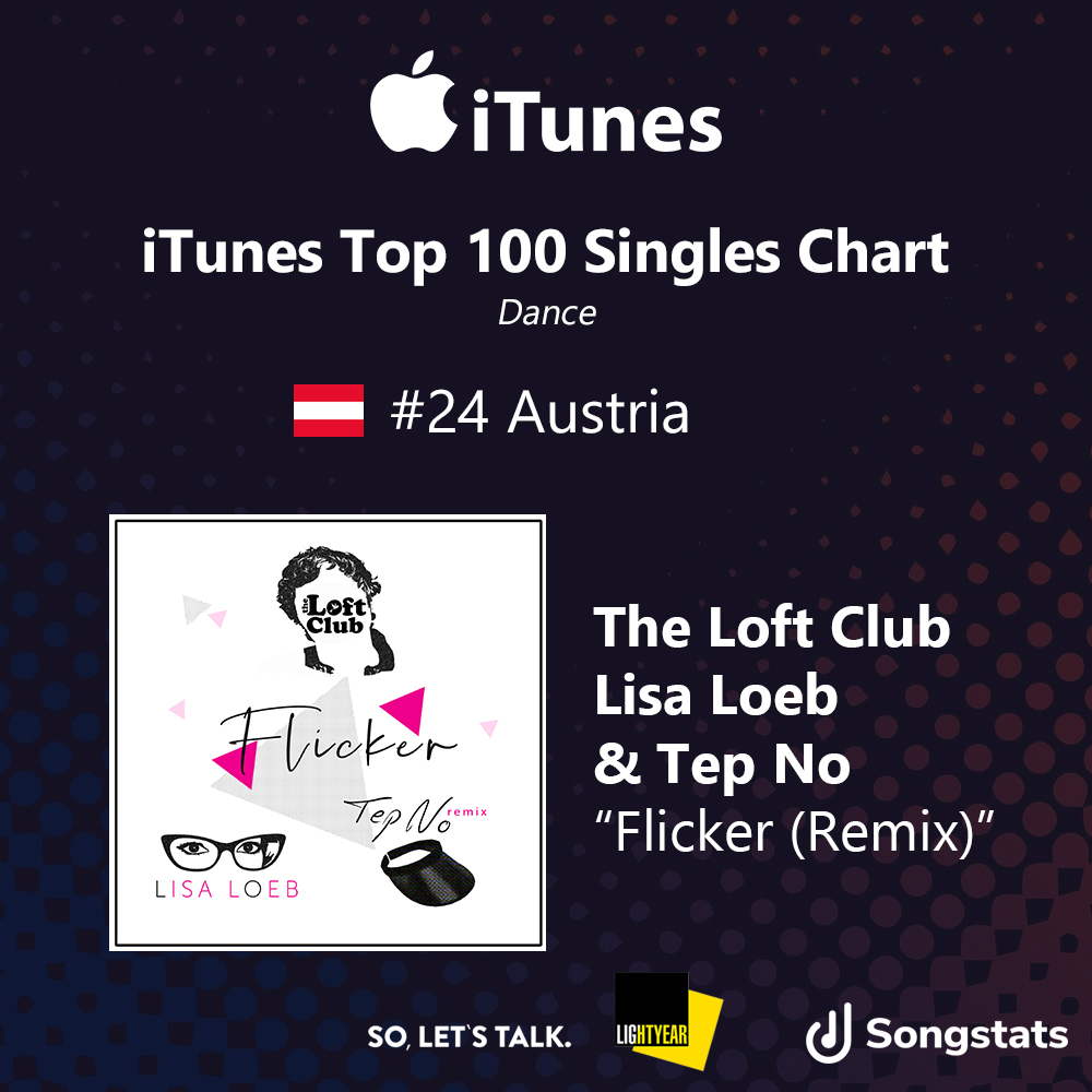 so_lets_talk's tweet photo. In at No.24 today on the iTunes Top 100 Singles Chart (Dance) in Austria 🇦🇹 for "Flicker (Remix)" by @theloftclubband, @LisaLoeb &amp; @TepNoMusic. 

Out now via So, Let's Talk / Lightyear, distributed by @virginmusic. 

Source: @Songstats https://t.co/5UPRvYsLg7